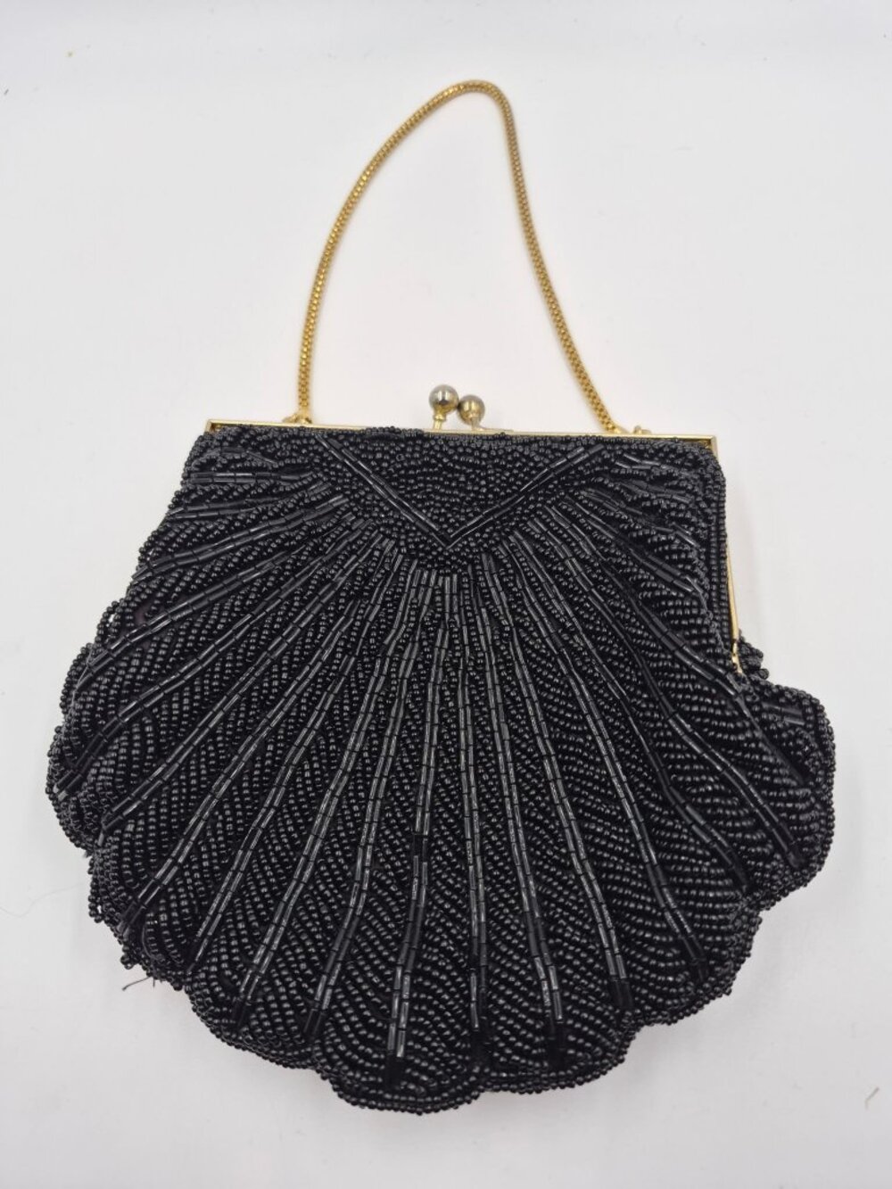 Vintage Walborg Beaded Clam Shell Purse with Metal Strap